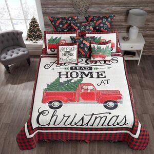 NEW! Farmhouse Old Red Truck Buffalo Plaid Quilt Set Country Christmas Tree Farm
